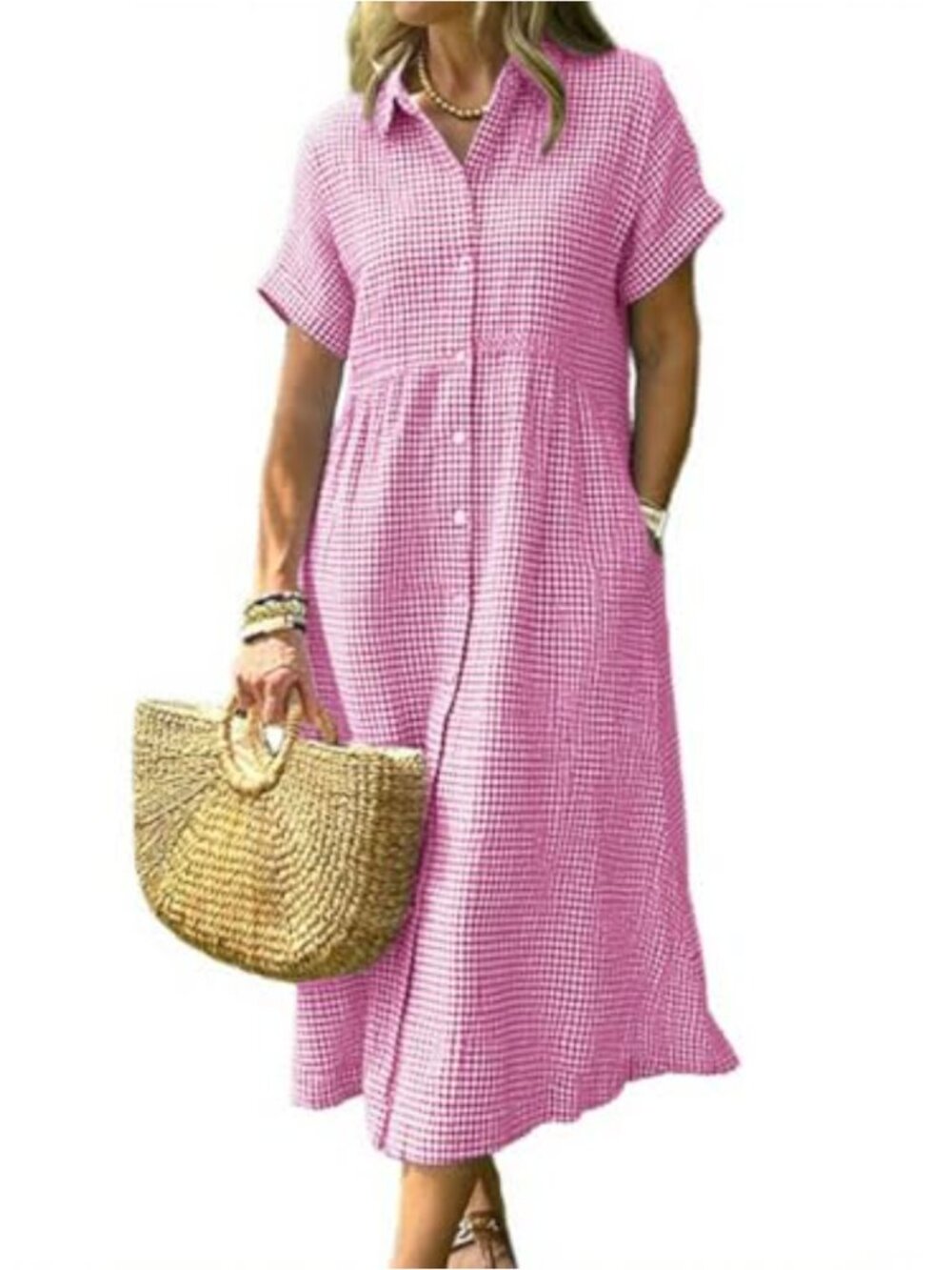 Women's Casual Plaid Button Down Shirt Dress Short Sleeve Gingham Midi Long